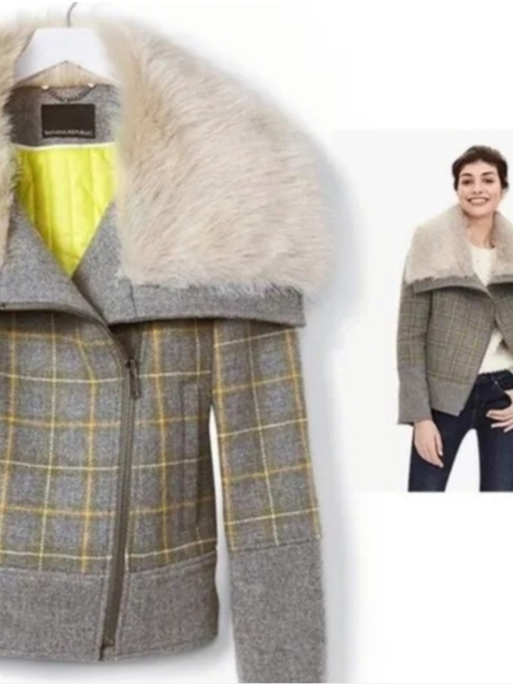 NWT! MSRP $298, Womens Plaid Wool-Blend Jacket with Faux Fur Collar